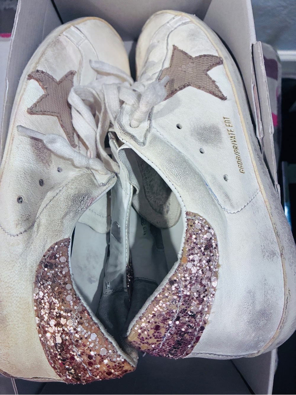 Golden Goose White Sneakers with Rose Gold Star and Glitter Heels
